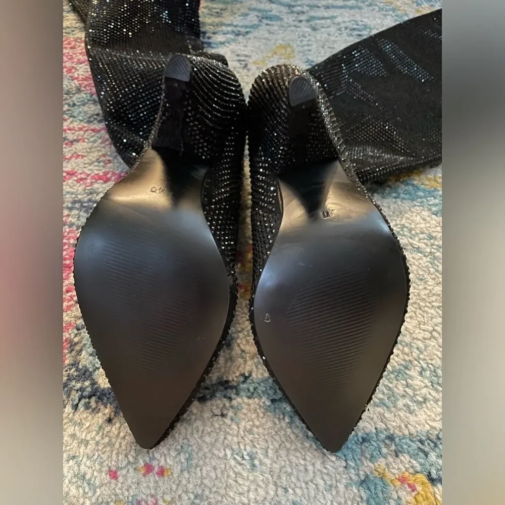 Black Rhinestone Over The Knee Thigh High Pull On Boots Triangle Heel 10